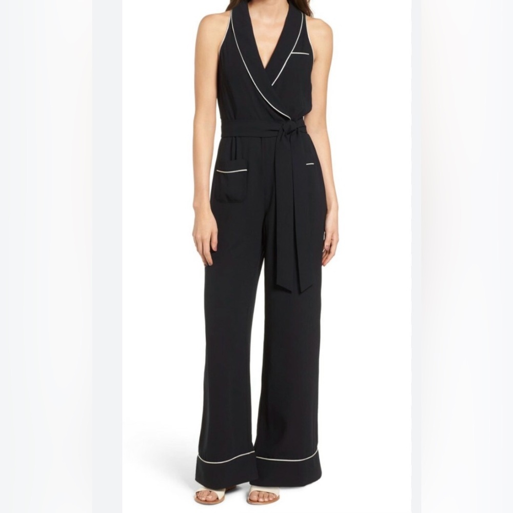 Sleeveless Black Wide-Leg Jumpsuit with Contrast Piping sz M eUC
51